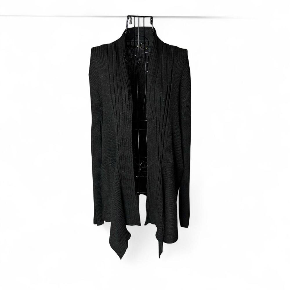 Black Metallic Shimmer Draped Cardigan Open Front Ribbed Knit Pocket Long